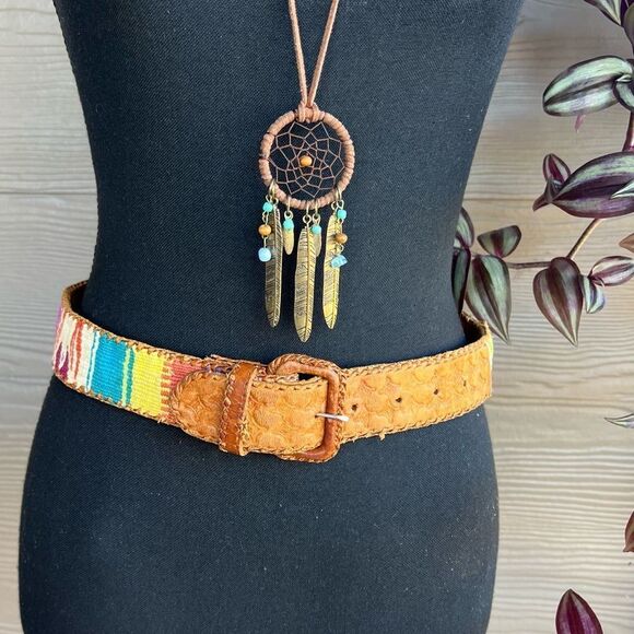 Vintage Southwestern Aztec Mexico Serape Woven Leather Handmade Tooled Belt XS/S - Picture 1 of 16